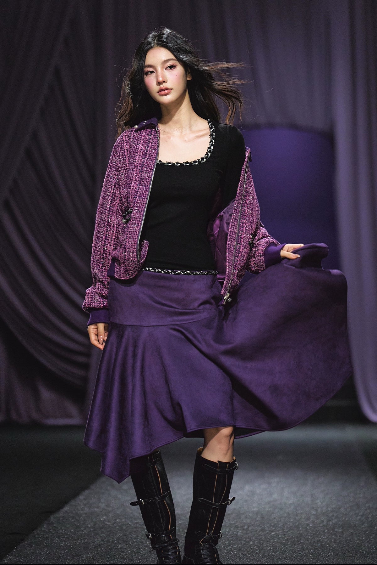 Suede Patchwork Tweed Jacket &amp; Asymmetric A-Line Skirt Set