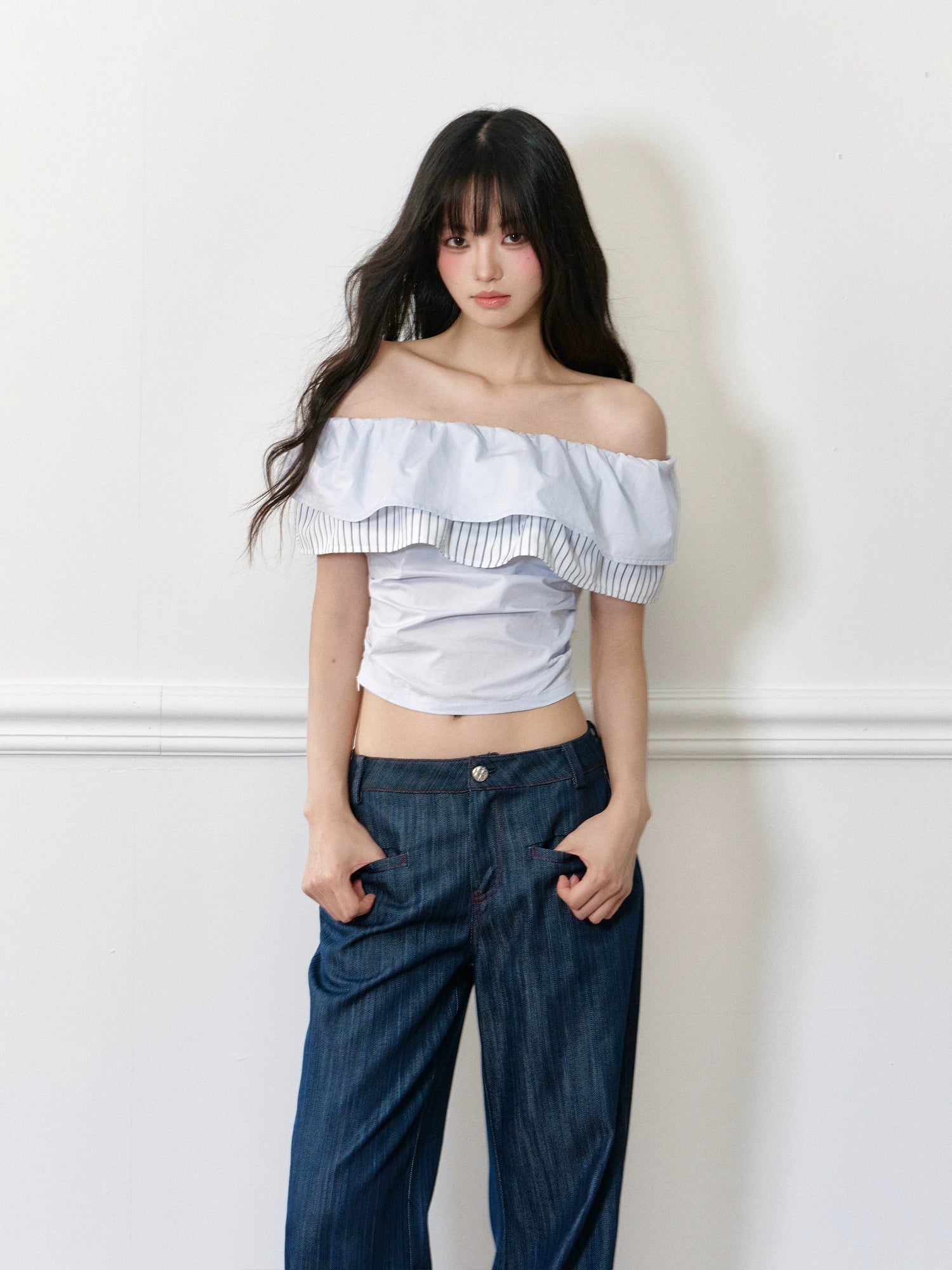Color-block Stripe Wave Off-shoulder T-shirt - CHINASQUAD