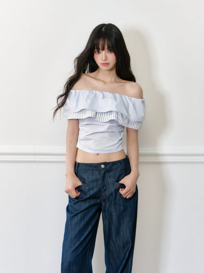 Color-block Stripe Wave Off-shoulder T-shirt - CHINASQUAD