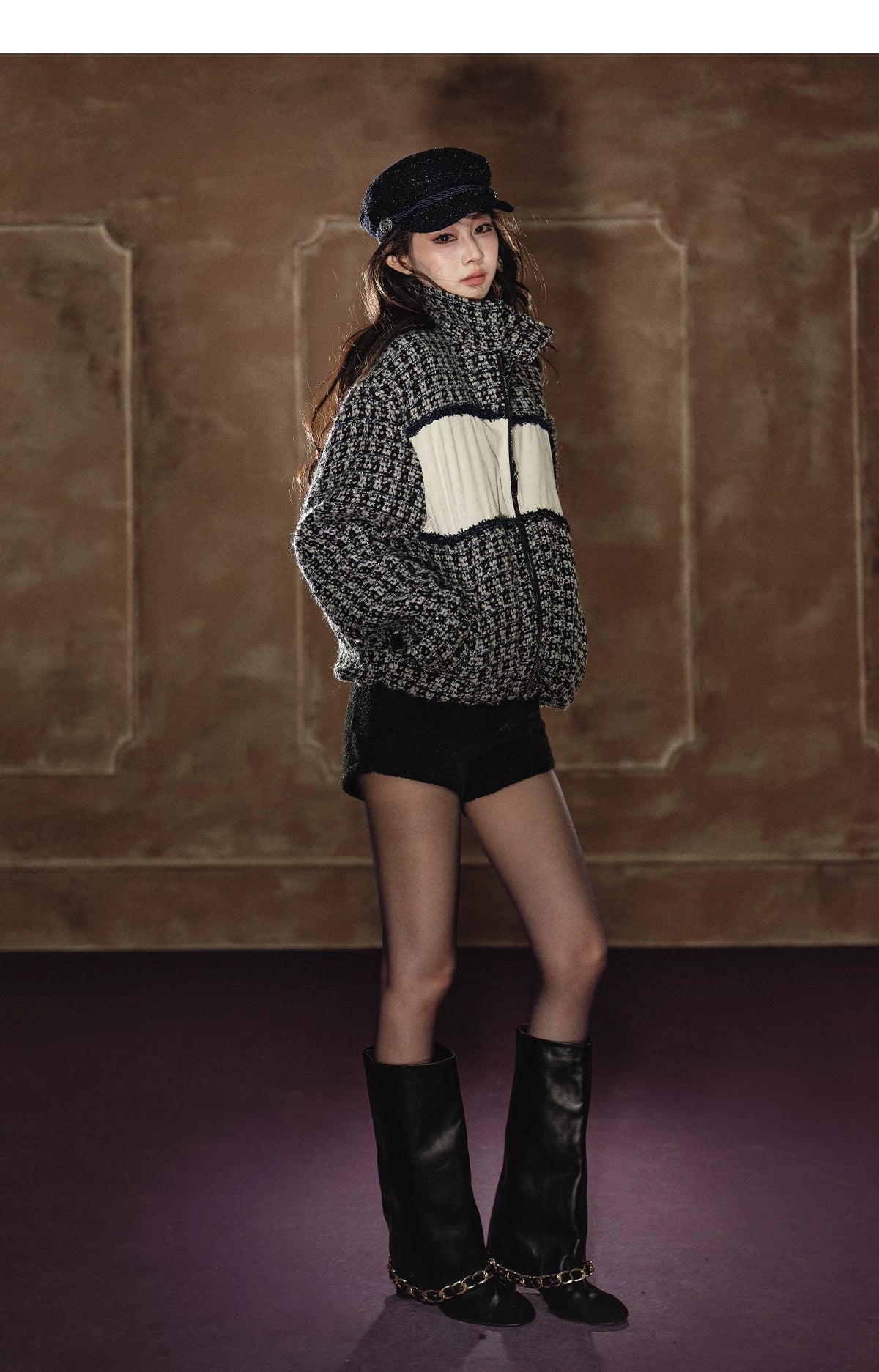 Wool-Blend Colorblock Stand Collar Padded Jacket