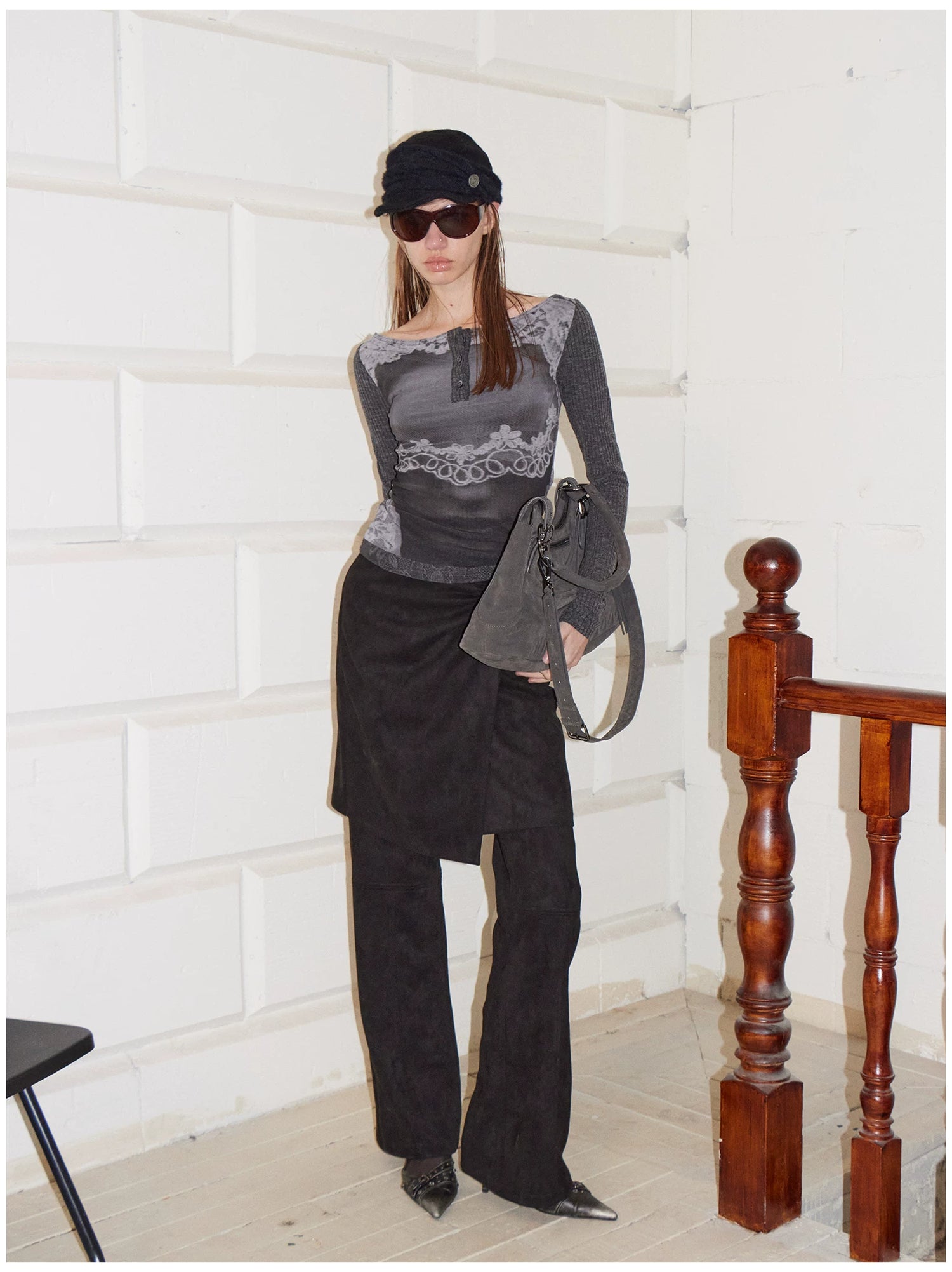 Reversible Face Print Henley Studded Sleeve Base Top