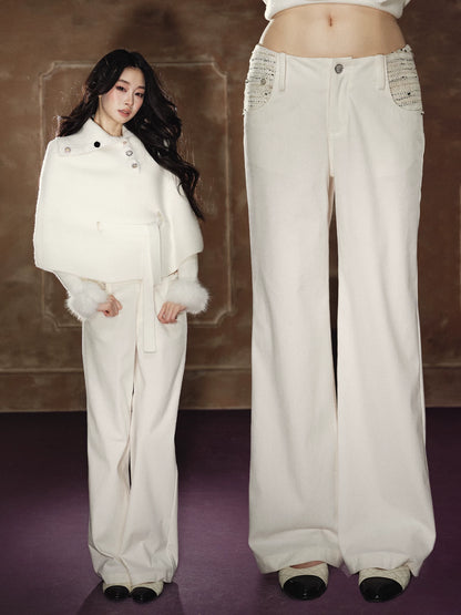 Stud-Detail Straight-Leg Flared Wide Pants