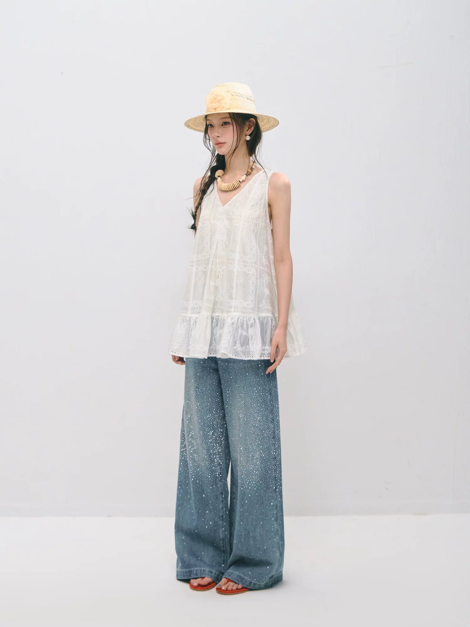 Embroidered Ruffle Trim Sleeveless Dress