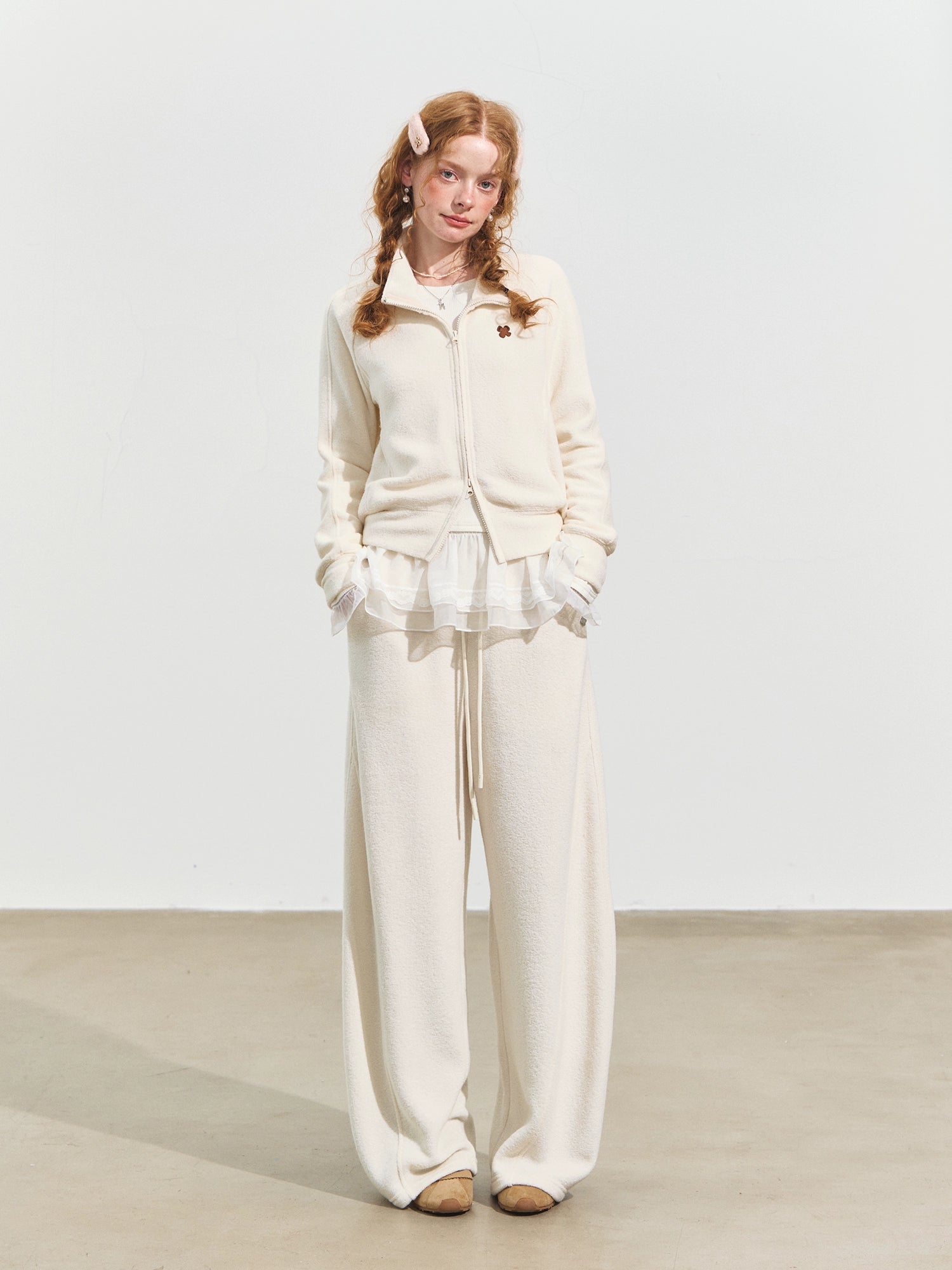 Plush Terry Fleece High-Neck Zip-up Sweatshirt &amp; Banana Pants Set