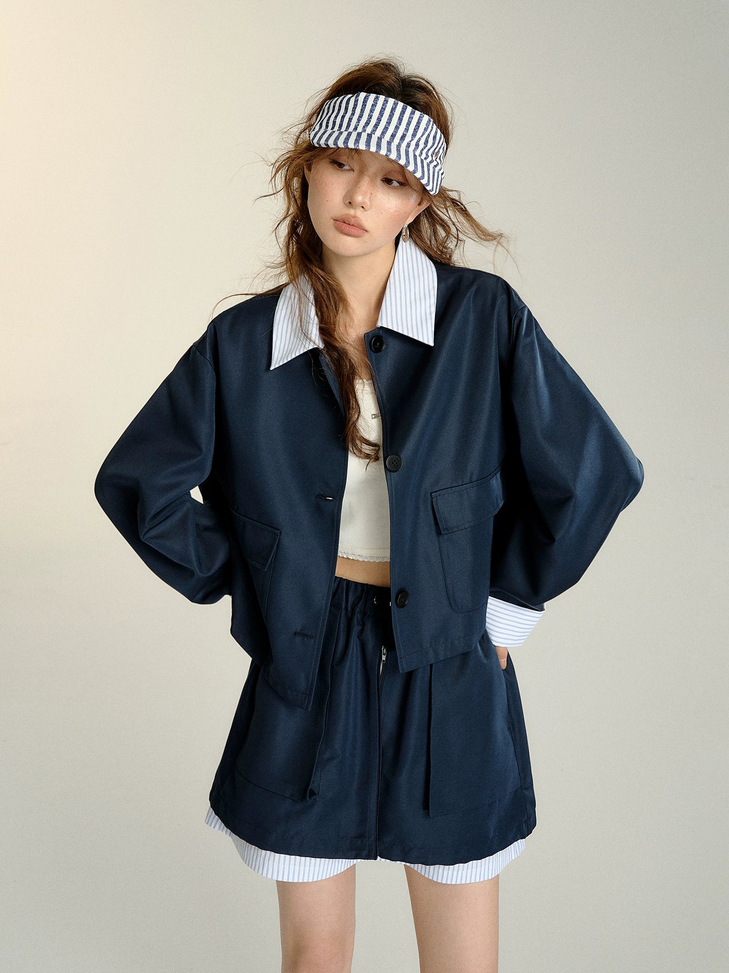 Navy Blue Faux Two-piece Striped Jacket