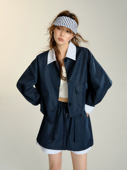 Navy Blue Faux Two-piece Striped Jacket &amp; Skirt