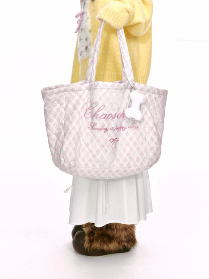 Crystal-Embellished Plaid Large Tote Bag