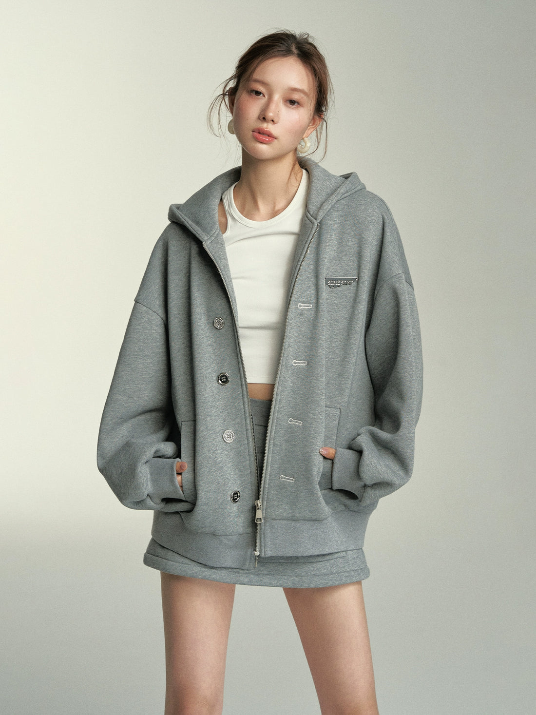 Grey Button-Up Hooded Sweatshirt &amp; Skirt Set - CHINASQUAD