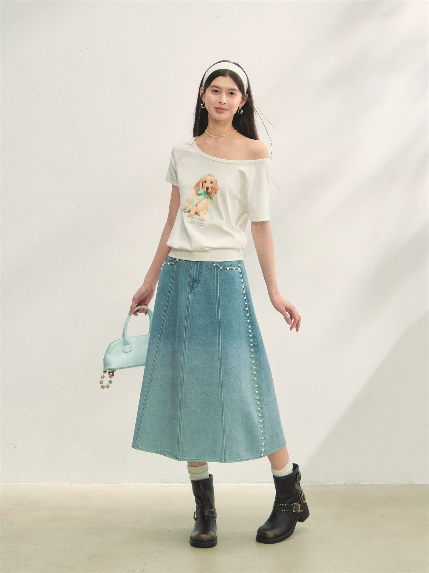 Beaded Washed Gradient Denim Skirt - CHINASQUAD