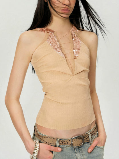 Vintage Deep V Sequin Halterneck Slim Fit Tank Top