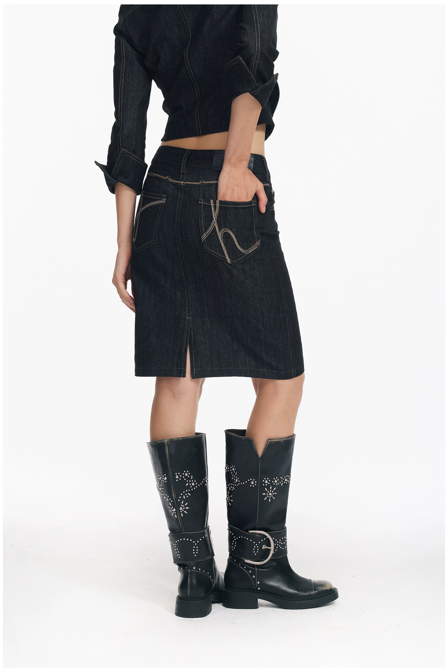 Cropped Stripe Stitch Denim Jacket &amp; Skirt Set