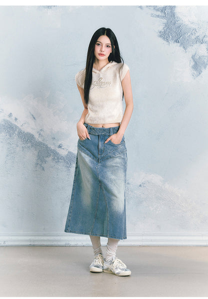 Denim Wave Hem Maxi Skirt - CHINASQUAD