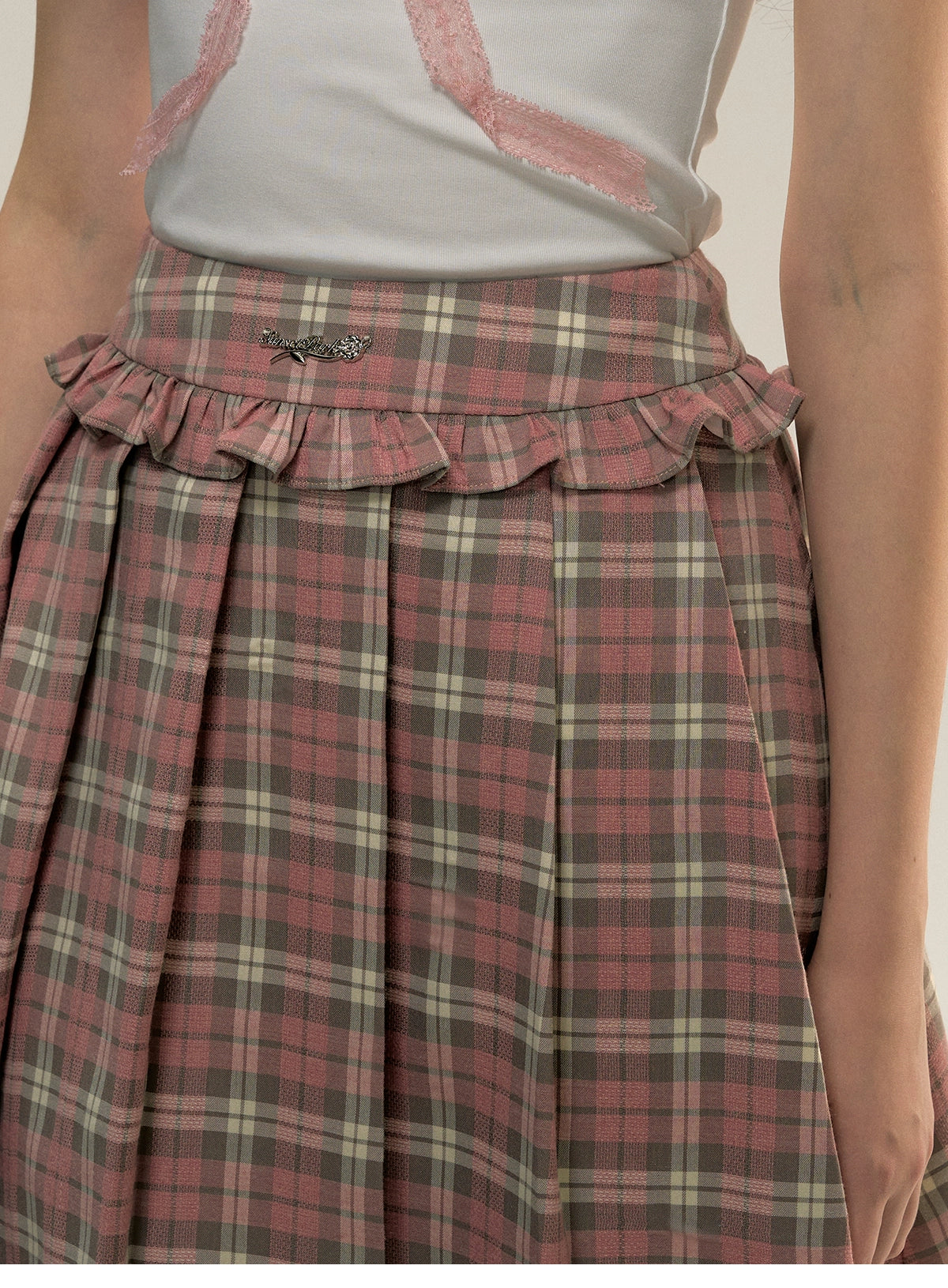 Plaid Pink Lace Pleated Skirt