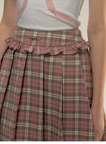 Plaid Pink Lace Pleated Skirt