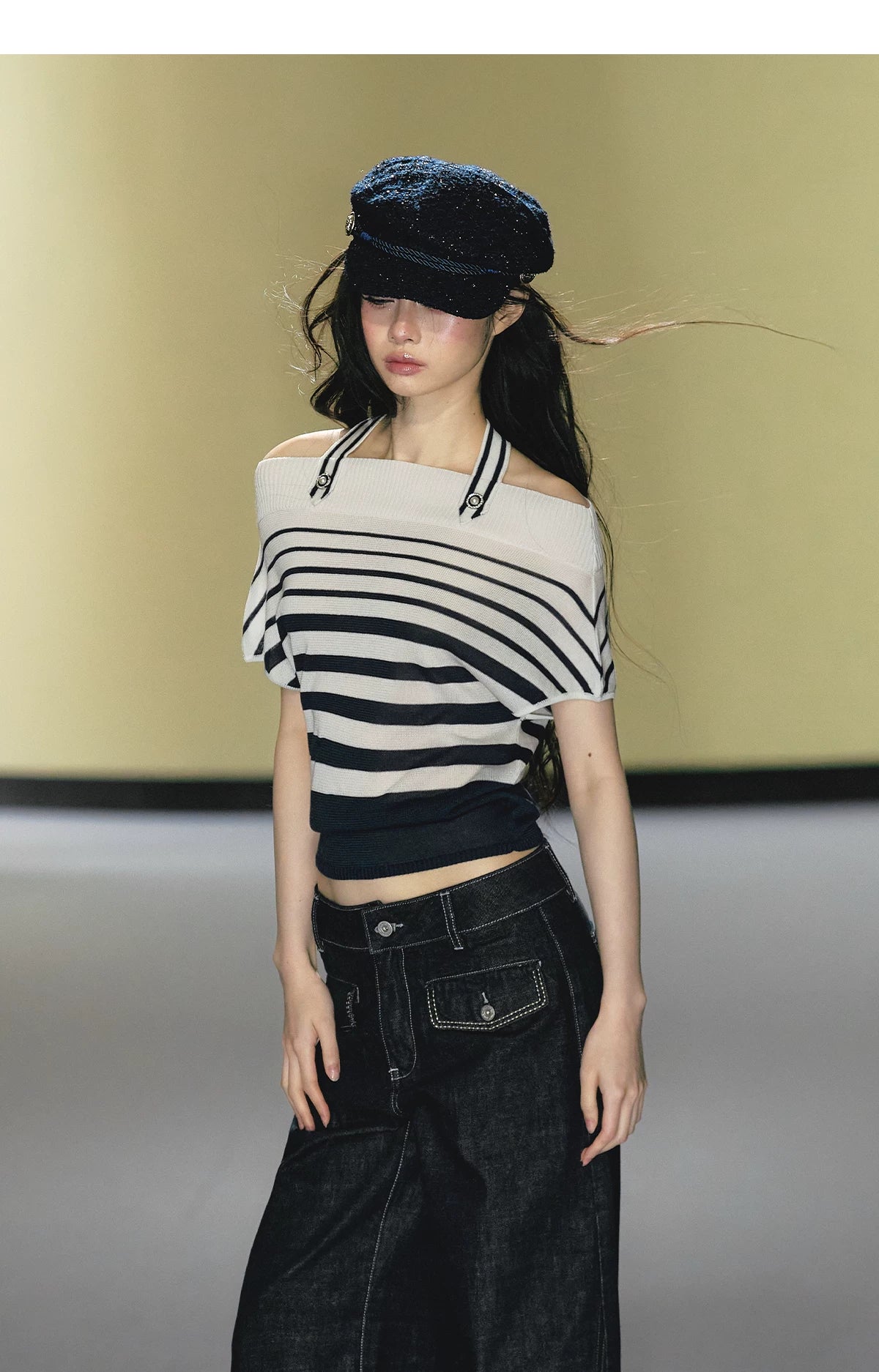 Nautical Stripe Off-Shoulder Halterneck Top