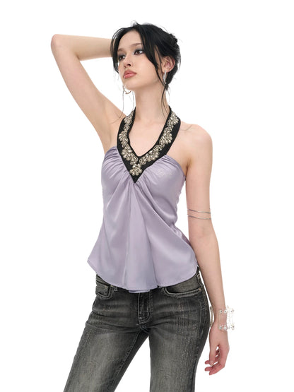 Lilac Satin Sequin Halter Neck Backless Draped Blouse