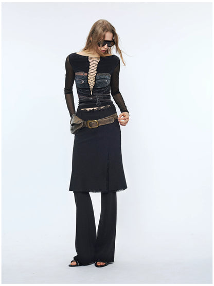 Lace Waist Bow Flared Skirt Pants