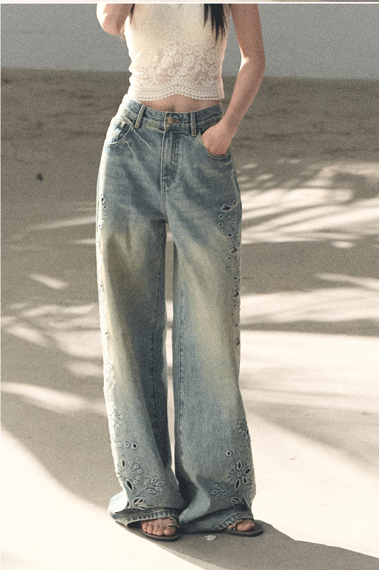 Washed Straight-Leg Wide Denim Pants