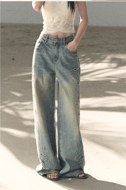 Washed Straight-Leg Wide Denim Pants