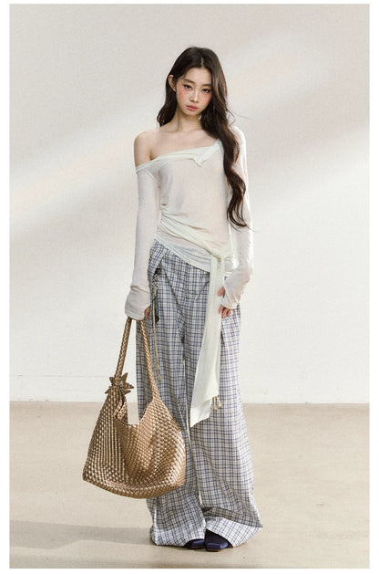 Asymmetric Shoulder Cross-Tie Knit T-Shirt