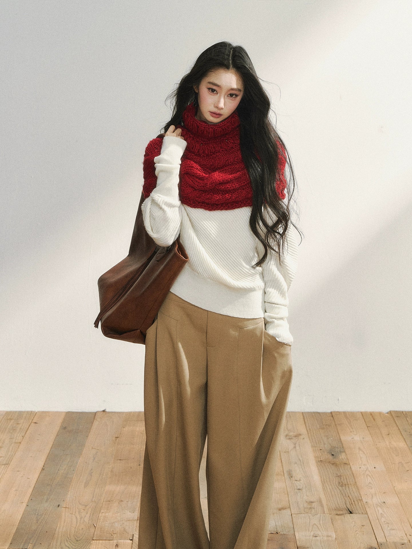 Two-Tone Knitted Fuzzy Pullover Shawl