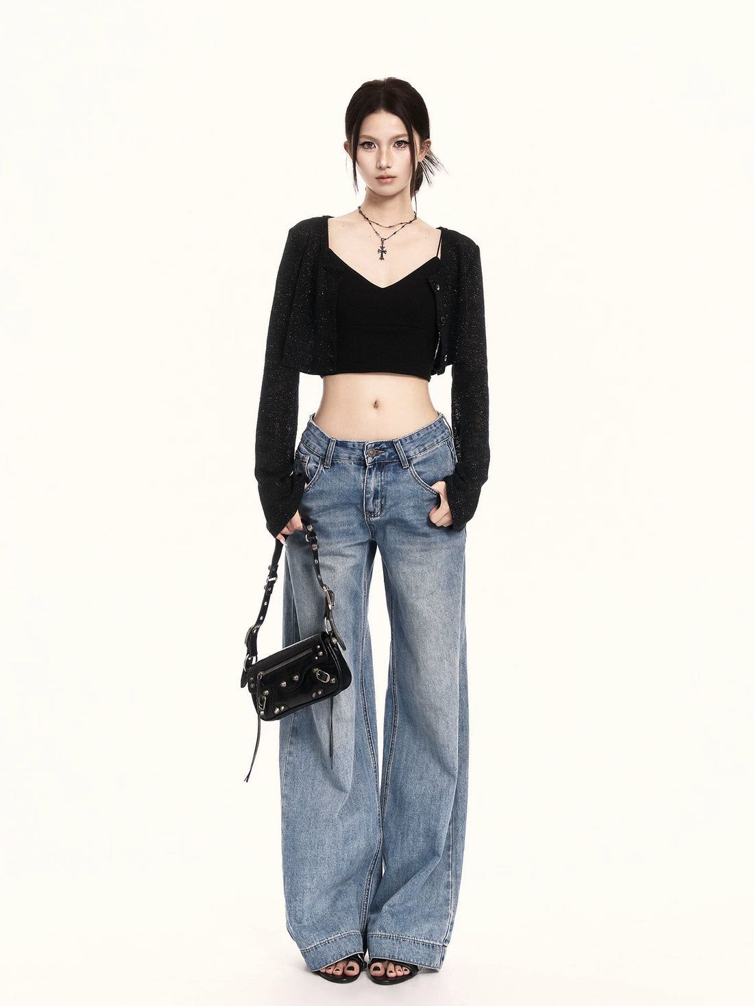 Minimal Black Sheer Knit Cropped Cardigan