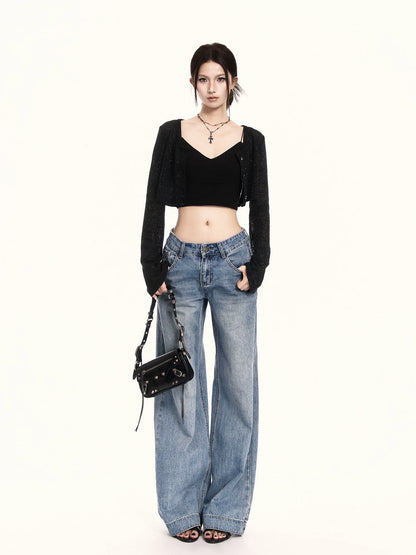 Minimal Black Sheer Knit Cropped Cardigan