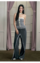 Gray Lace Panel Wide-Leg Pants - CHINASQUAD