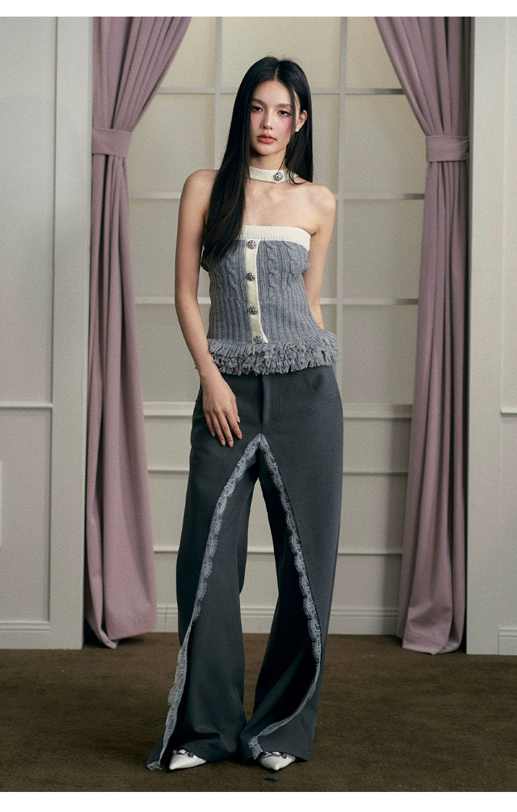 Gray Lace Panel Wide-Leg Pants - CHINASQUAD