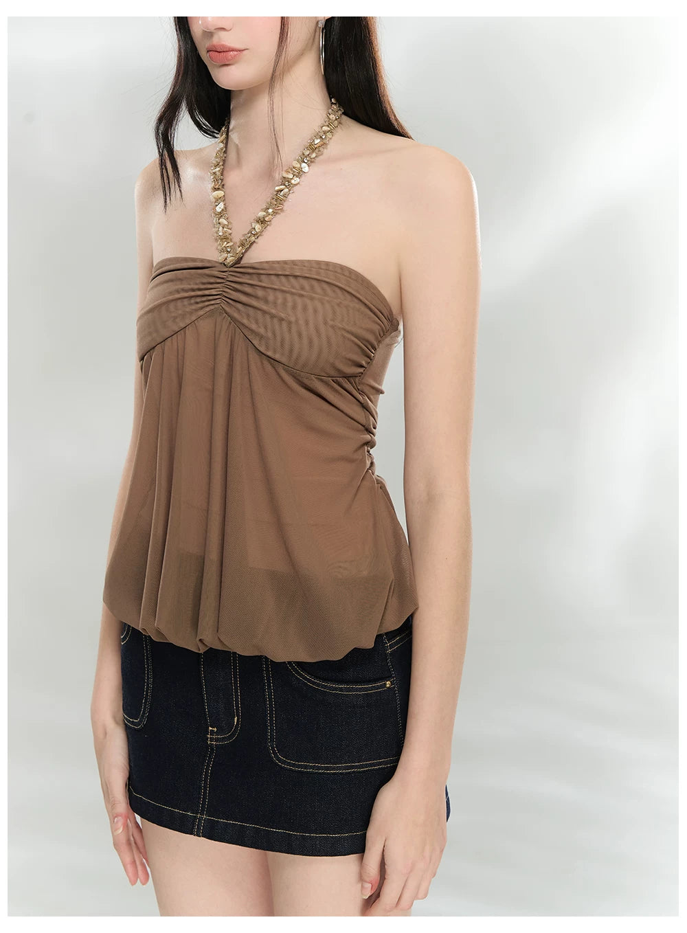 Sheer Double-Layer Mesh Halter Backless Top