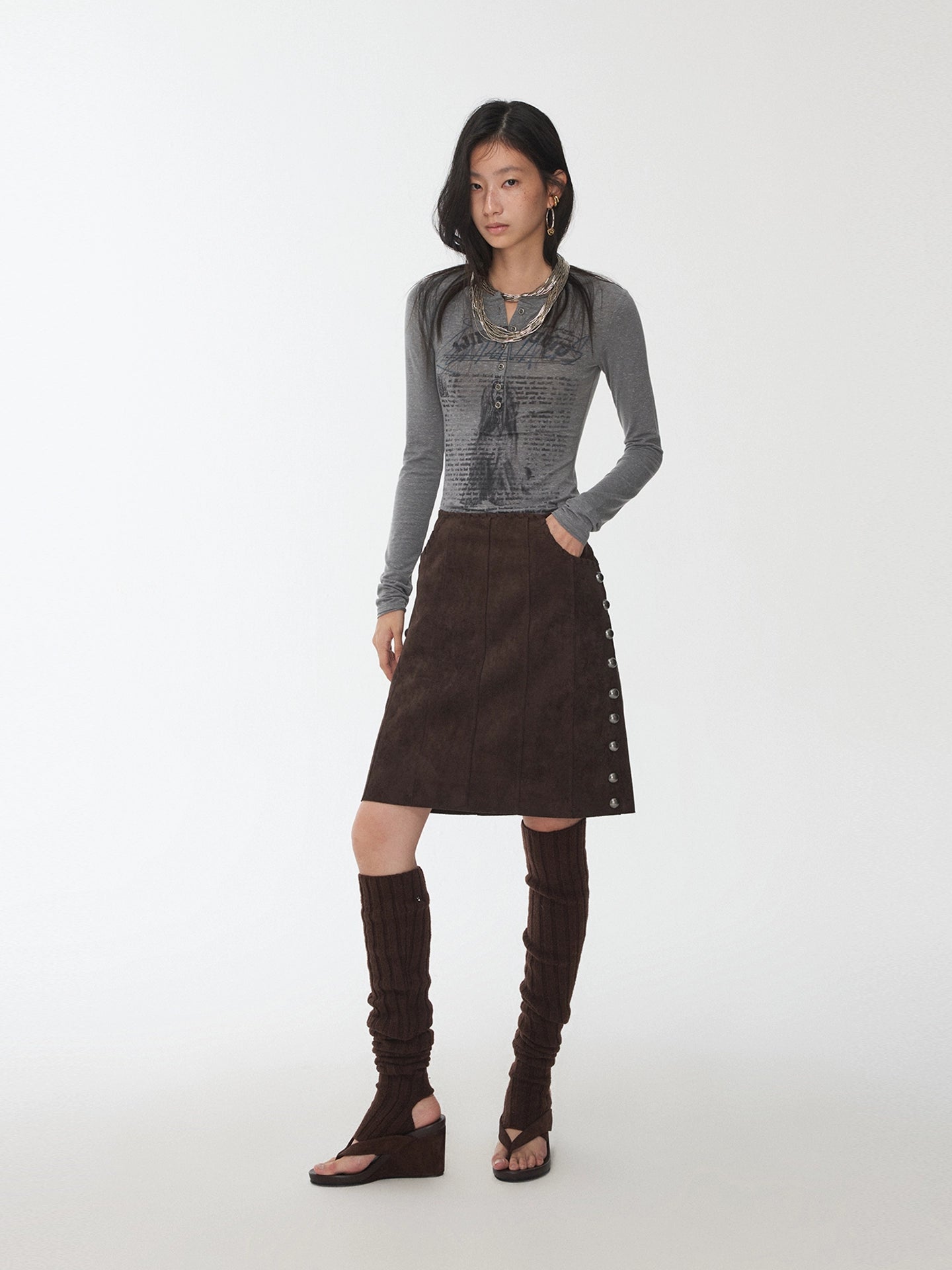 Henley Animal-Print Knitted Long Sleeves T-Shirt