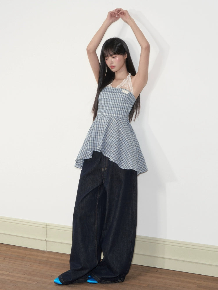Blue Checkered Lace-Trimmed Camisole Top