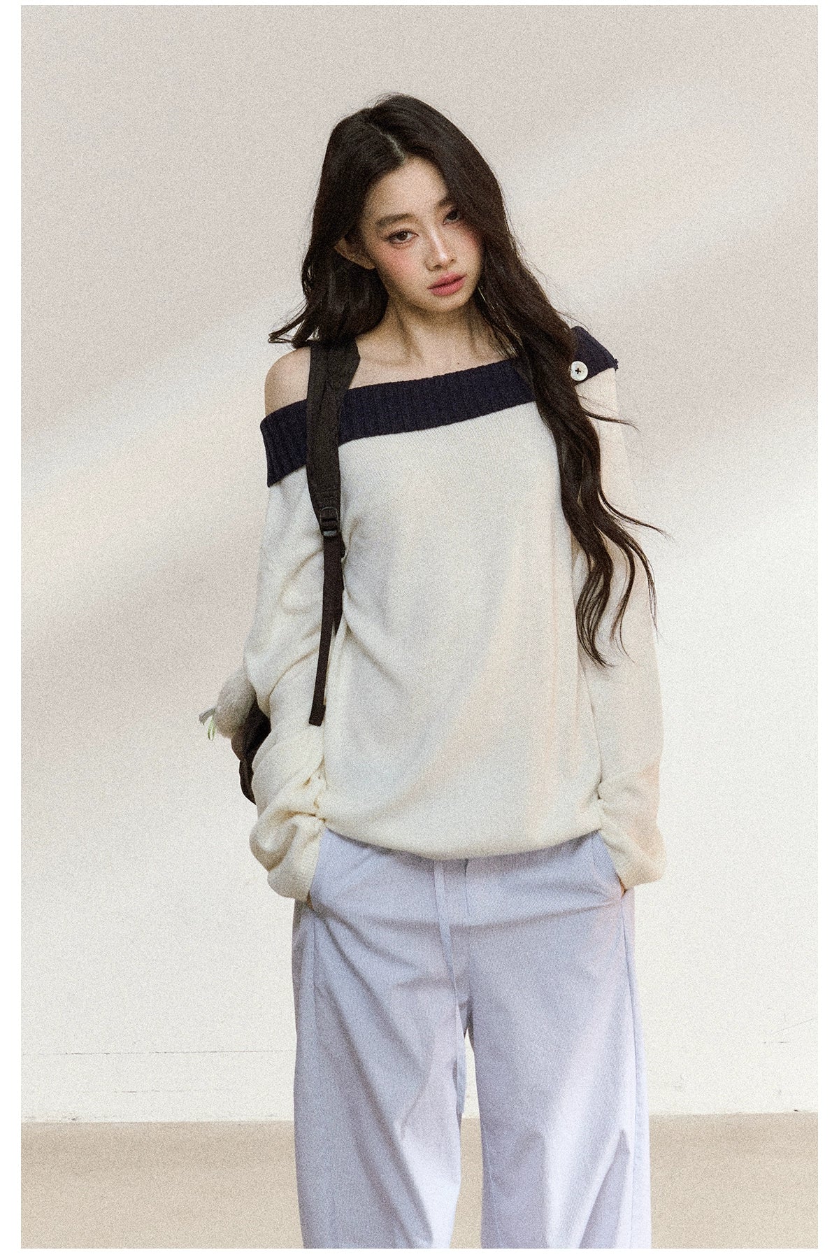 Two-Tone Asymmetric Off-Shoulder Knit Sweater