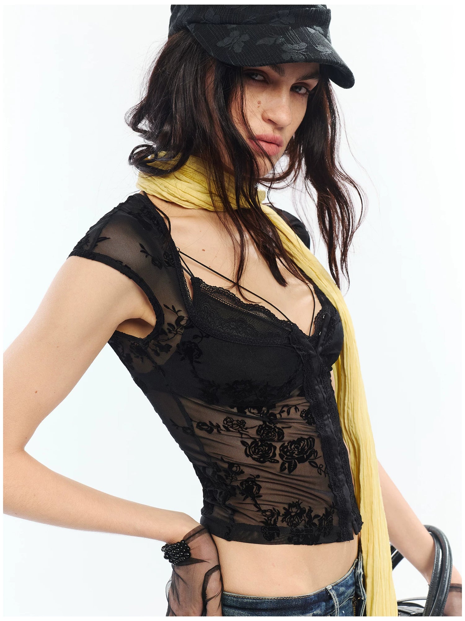 Flocked Floral Lace Flutter Sleeve Fitted Two-Piece Set