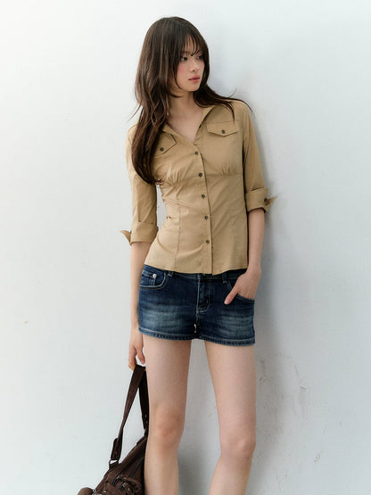 Waist-Cinched Mid-Sleeve Fitted Pocket Shirt