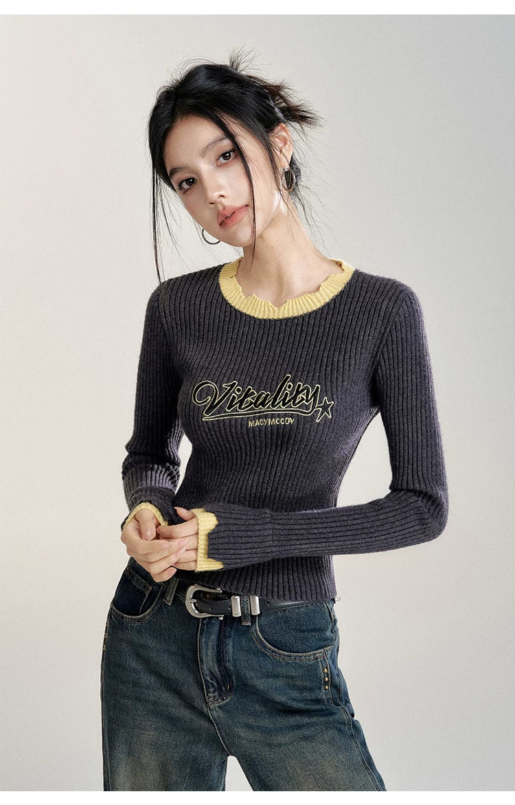 Gray Contrast Color Layered Knit Top