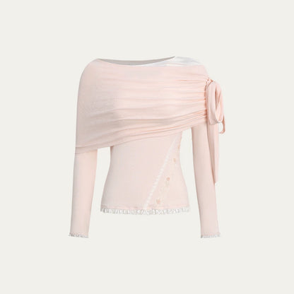 Asymmetric Off-Shoulder Bow-Tie Knit T-Shirt