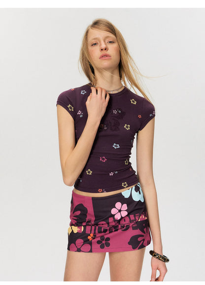 Rhinestone Floral Print Slim Fit Cropped T-Shirt