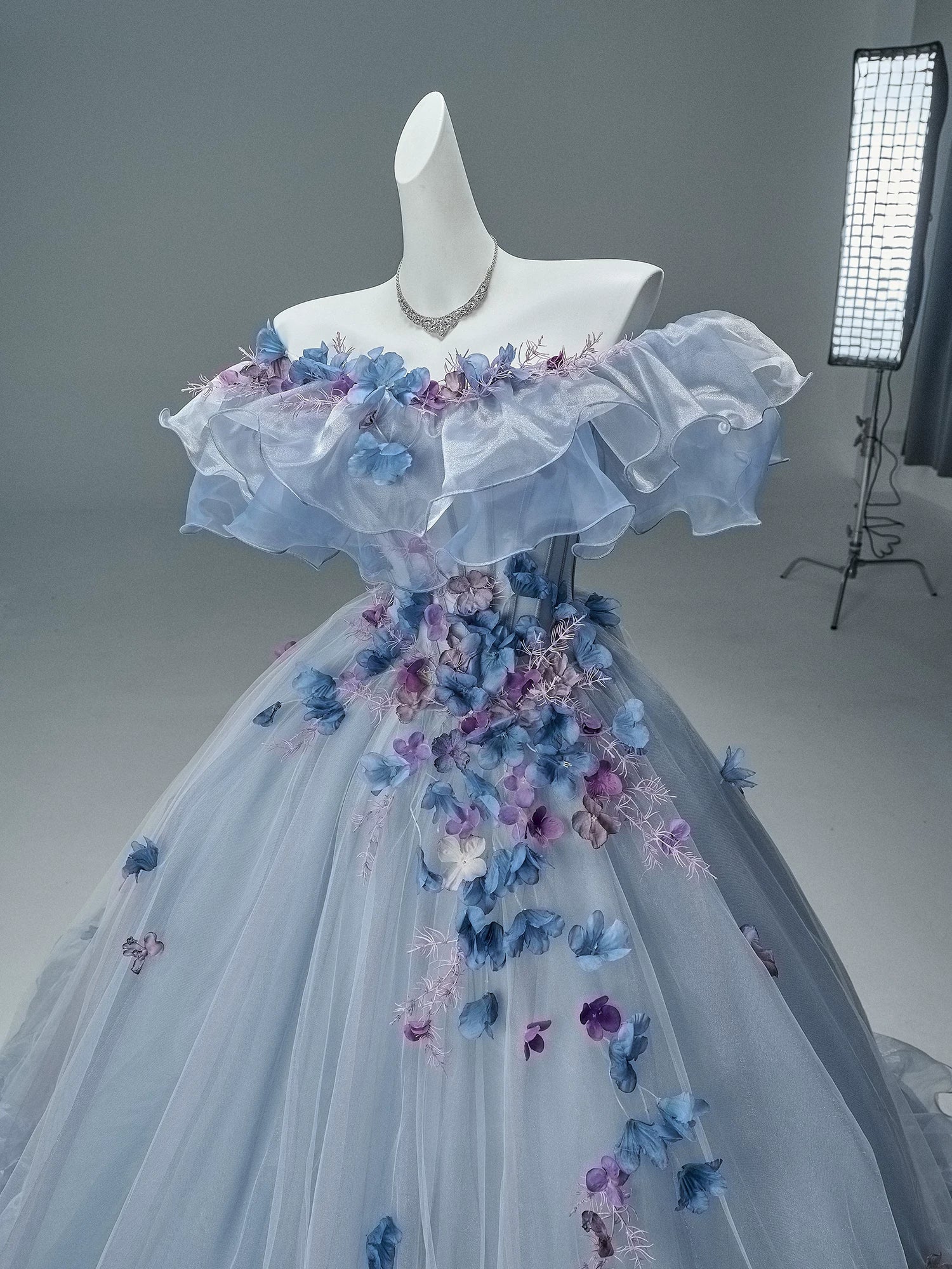 Off-Shoulder Floral Appliqué Tulle Couture Gown