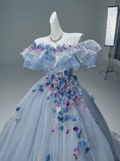 Off-Shoulder Floral Appliqué Tulle Couture Gown