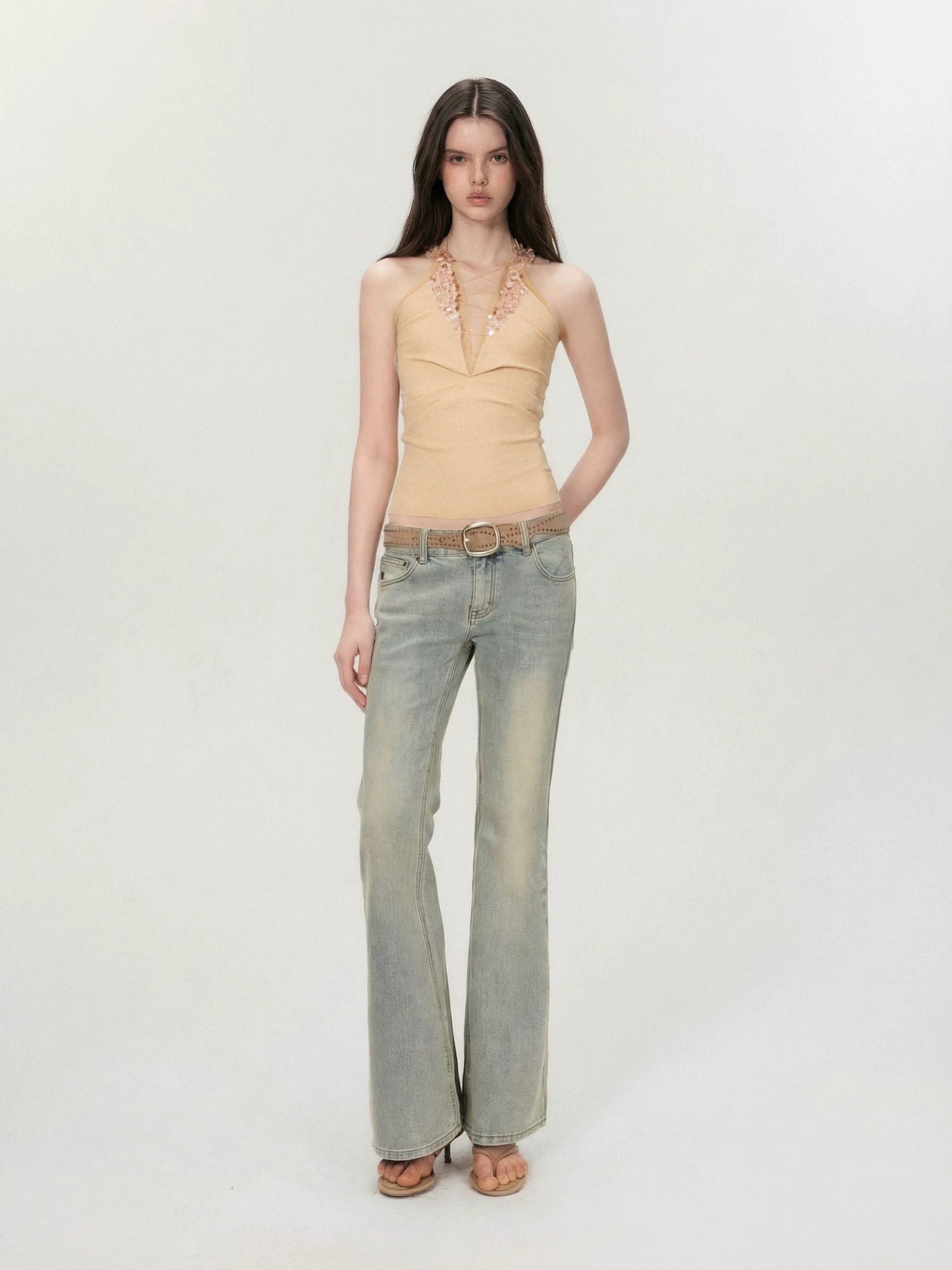 Vintage Deep V Sequin Halterneck Slim Fit Tank Top