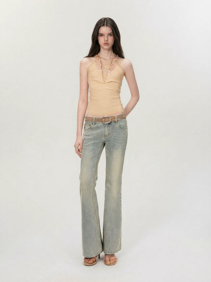 Vintage Deep V Sequin Halterneck Slim Fit Tank Top