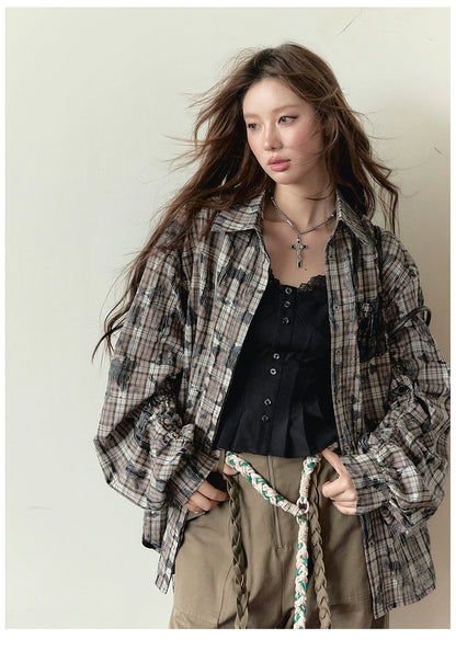 Color-blocked Plaid Long-sleeve Shirt Jacket