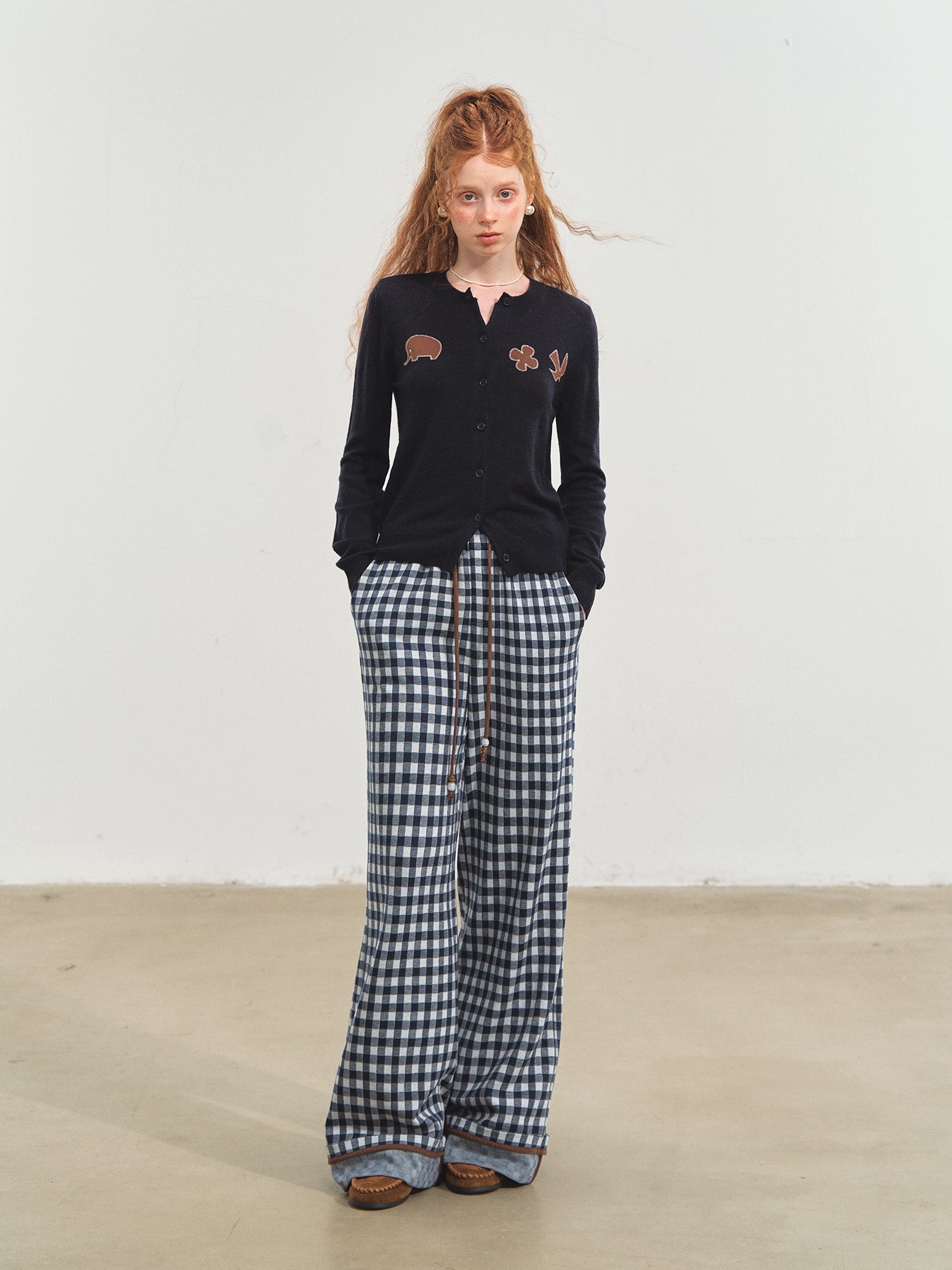 Checkered Cuff Wide‑Leg Pants