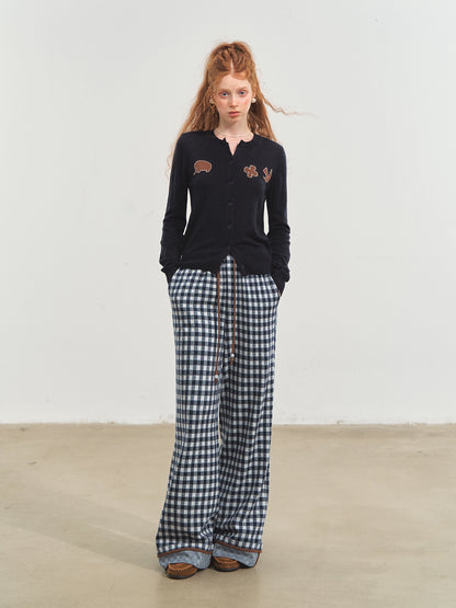 Checkered Cuff Wide‑Leg Pants