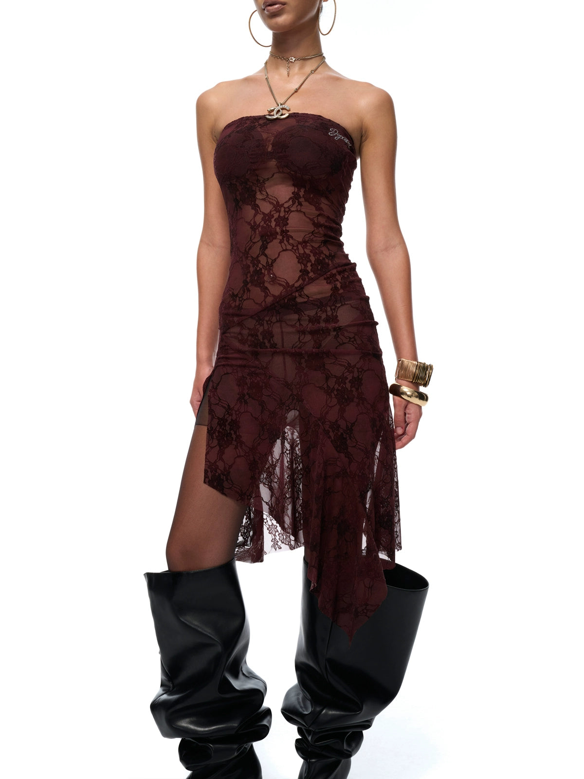 Red Semi-Sheer Floral Velvet Dress