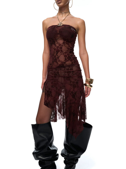 Red Semi-Sheer Floral Velvet Dress