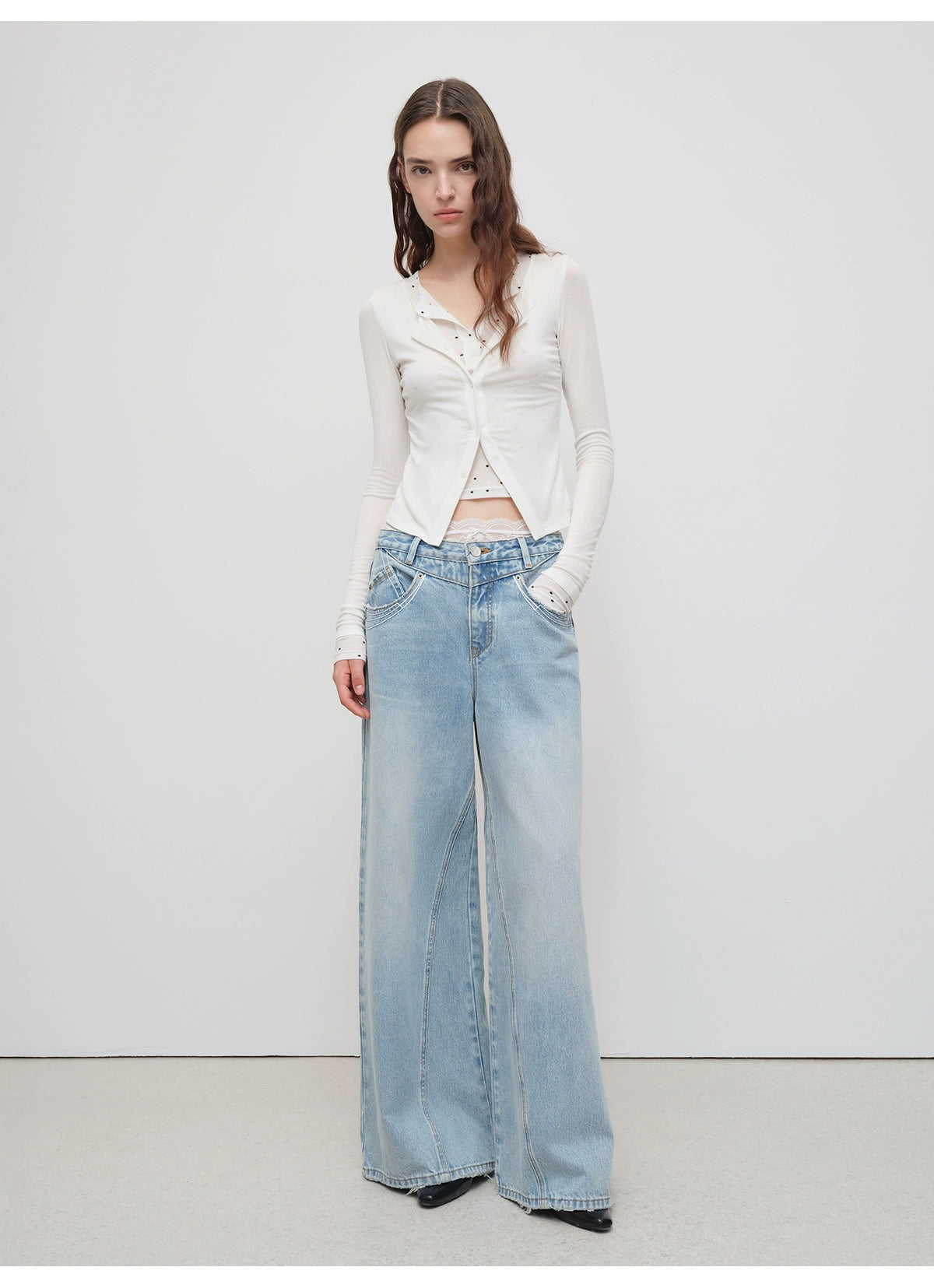 Light Blue Structured Wide-Leg Denim Pants