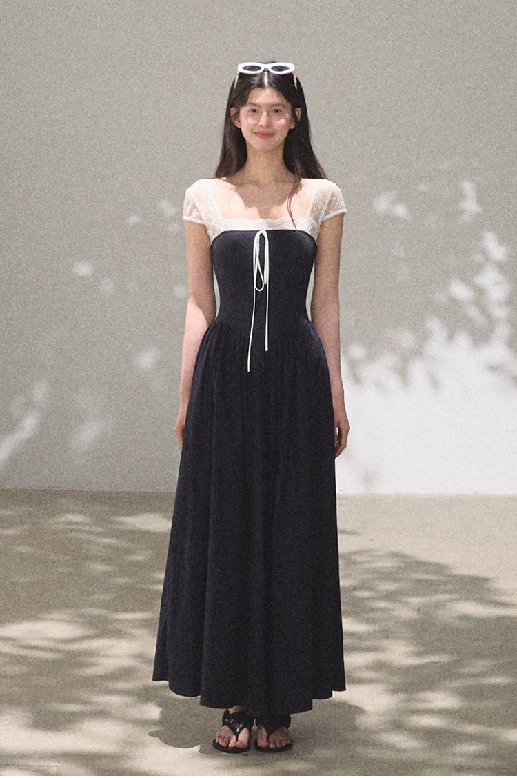 Lace-Spliced Cinched-Waist Vacation Camisole Dress