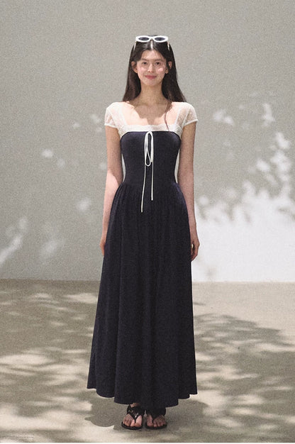 Lace-Spliced Cinched-Waist Vacation Camisole Dress